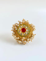 Load image into Gallery viewer, Rising From Red Pearl Kundan Golden Cocktail Ring