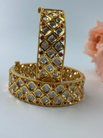 Load image into Gallery viewer, Maharani Full White & Pink Kundan Golden Bangle Set Of Two