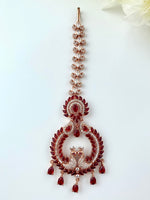 Load image into Gallery viewer, Shining Maroon Peacock Rose Gold Diamond Maang Tika