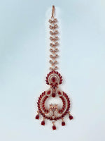 Load image into Gallery viewer, Shining Maroon Peacock Rose Gold Diamond Maang Tika