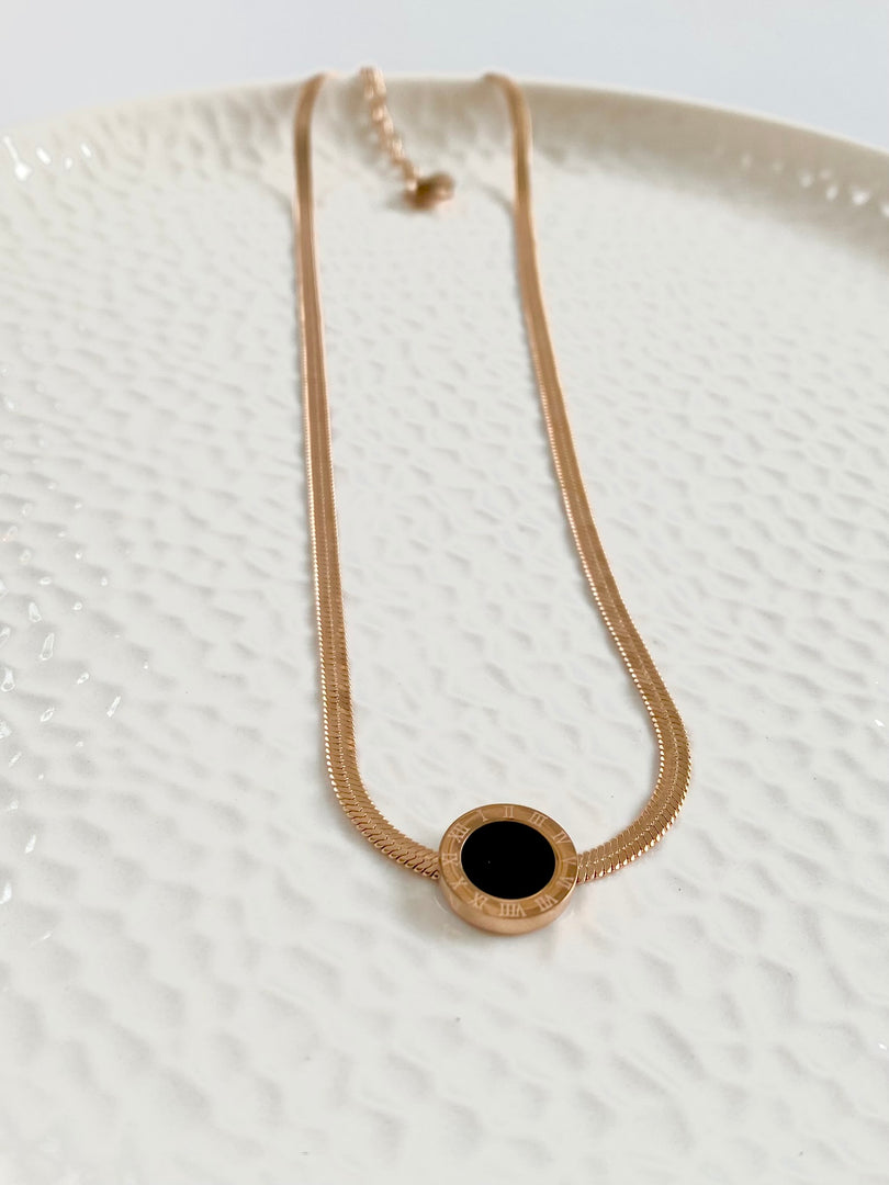 Stunning Black Clock Pendant Rose Gold Necklace