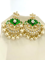 Load image into Gallery viewer, The Green Lotus Kundan & Pearl Chandbalis Earrings