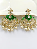 Load image into Gallery viewer, The Green Lotus Kundan & Pearl Chandbalis Earrings