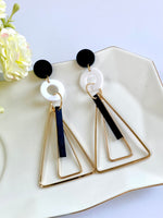 Load image into Gallery viewer, All Triangled Up Black White and Golden Earrings
