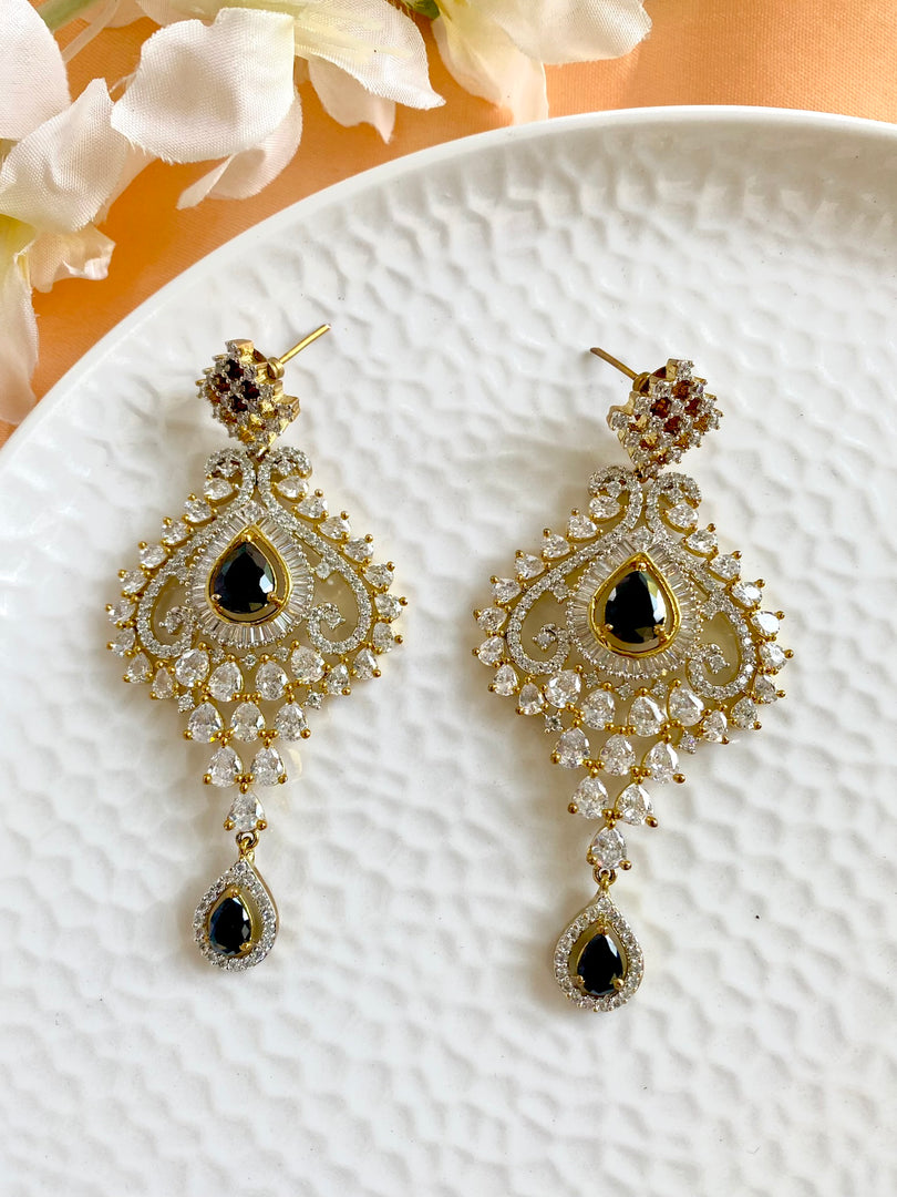 Dazzling Black Centre White Diamond Golden Earrings