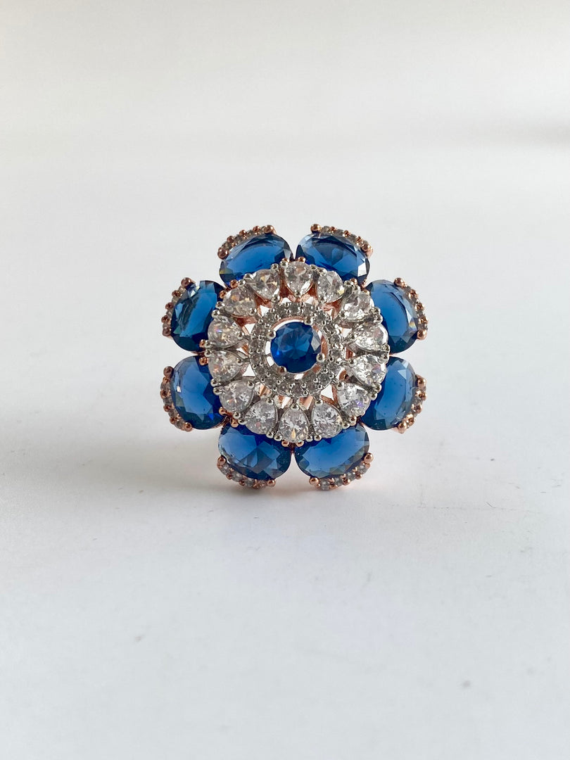 Elizabeth Royal Blue White Diamond Free Size Ring