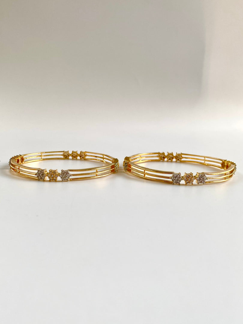 Tri Diamond Track Gold Diamond Bangle Set of Two