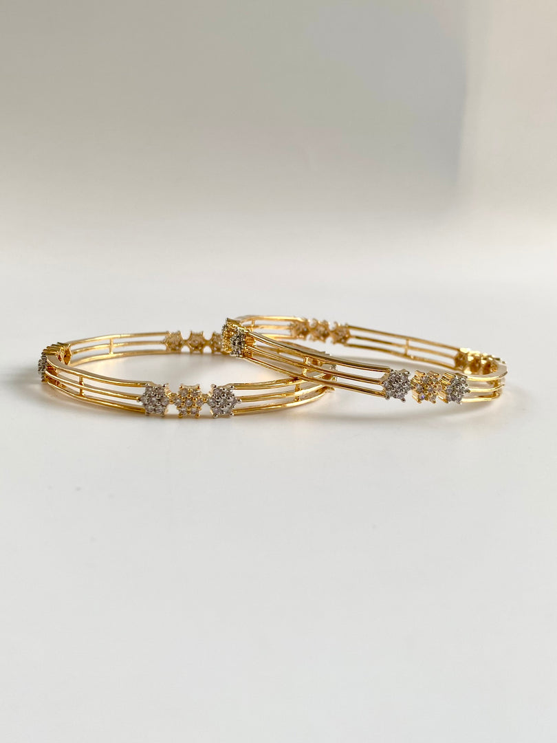 Tri Diamond Track Gold Diamond Bangle Set of Two