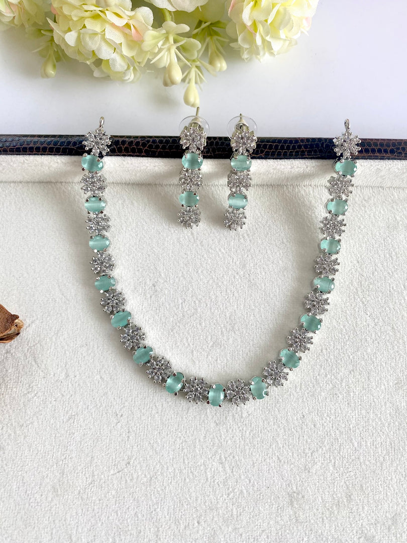 Mint Green Flower Diamond Necklace Set