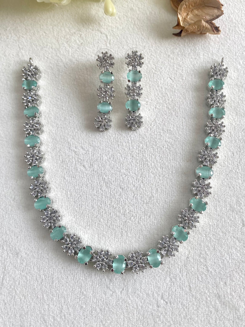 Mint Green Flower Diamond Necklace Set