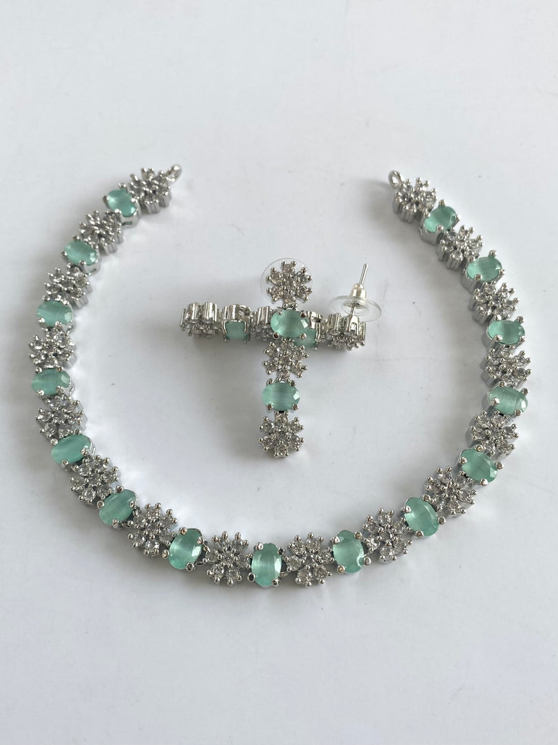 Mint Green Flower Diamond Necklace Set