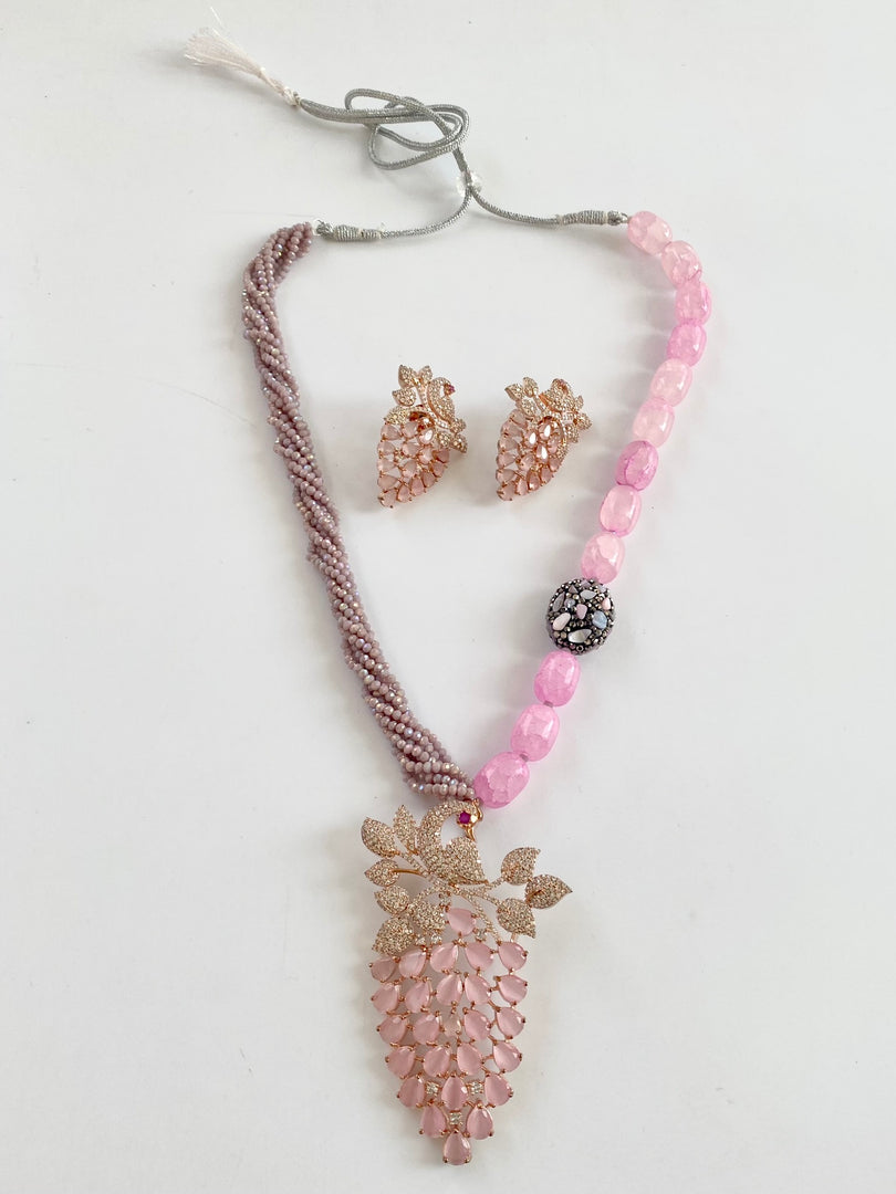 Pink Dancing Peacock Necklace Set