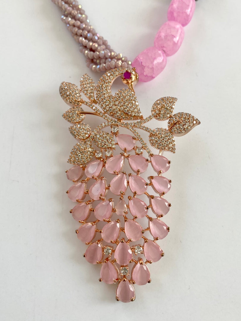 Pink Dancing Peacock Necklace Set