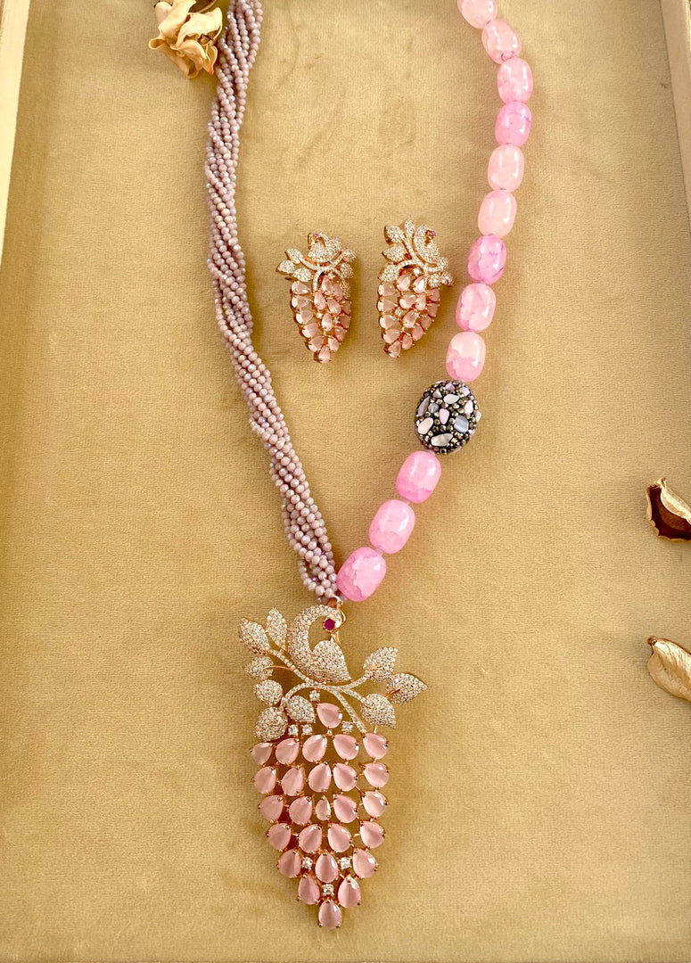 Pink Dancing Peacock Necklace Set