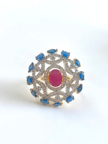 Pink n White Blue Aura Free Size Diamond Cocktail Ring