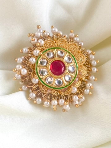 Rising From Red Pearl Kundan Golden Cocktail Ring