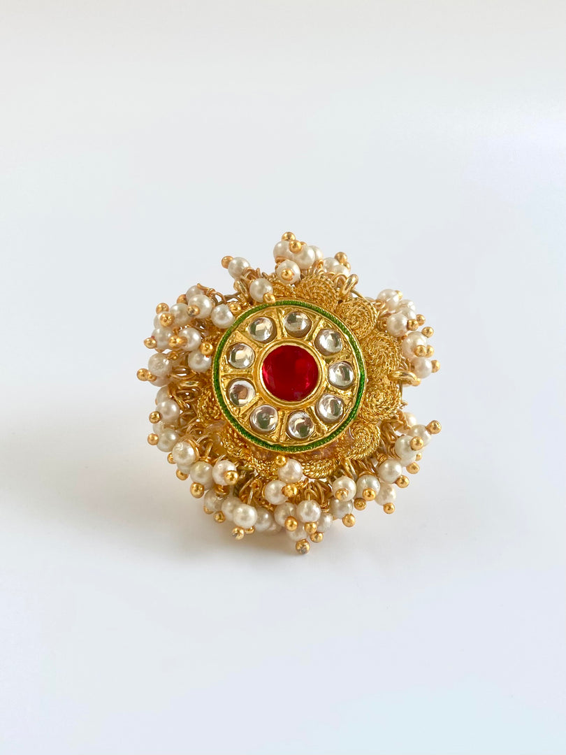 Rising From Red Pearl Kundan Golden Cocktail Ring