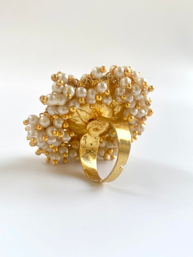 Rising From Red Pearl Kundan Golden Cocktail Ring