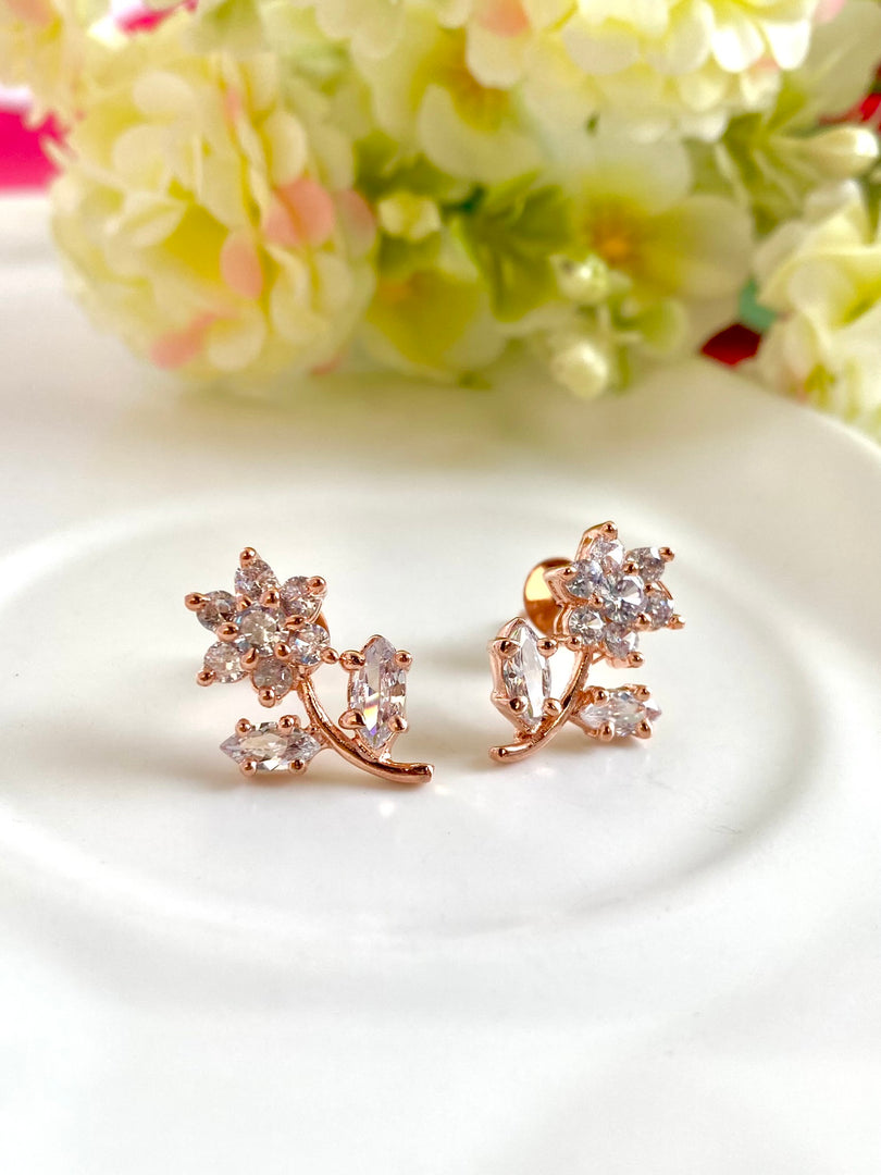 Rose Gold Flower With Petals Diamond Stud Earrings