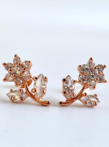 Rose Gold Flower With Petals Diamond Stud Earrings