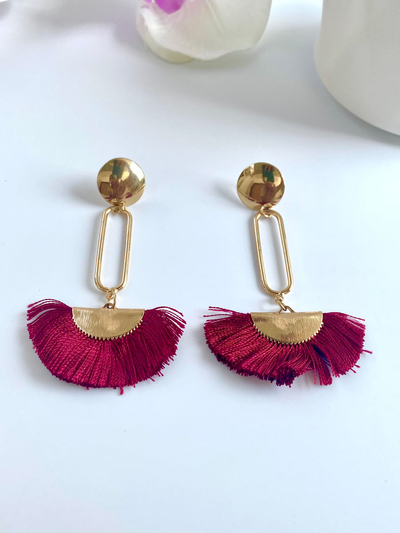 Royal Red Fan Golden Long Earrings