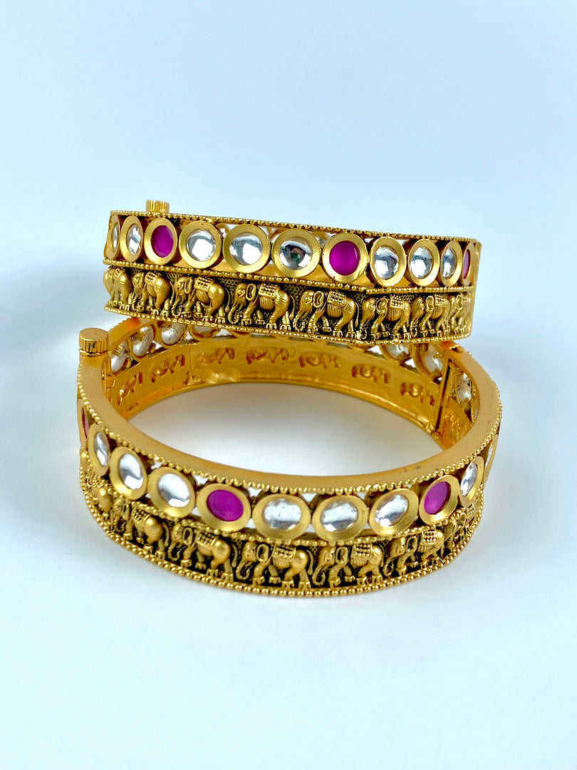 Royal White & Pink  Kundan Elephant Matte Gold Bangle Set Of Two