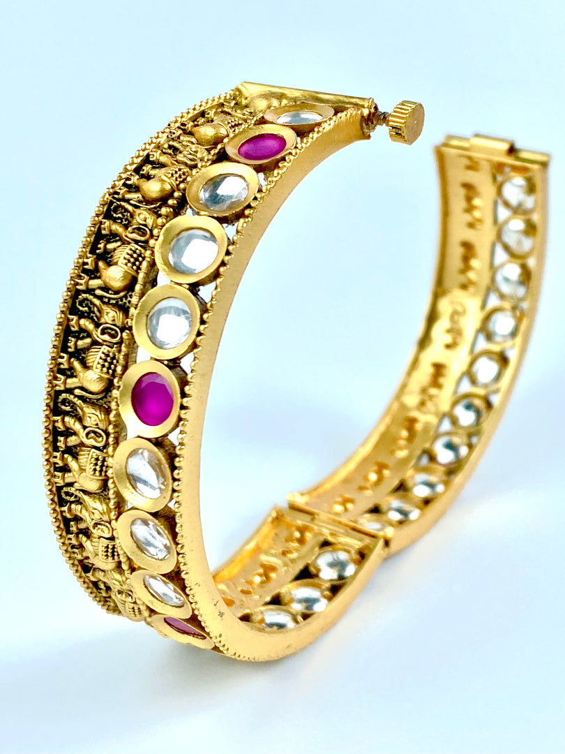 Royal White & Pink  Kundan Elephant Matte Gold Bangle Set Of Two