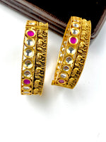 Load image into Gallery viewer, Royal White &amp; Pink  Kundan Elephant Matte Gold Bangle Set Of Two
