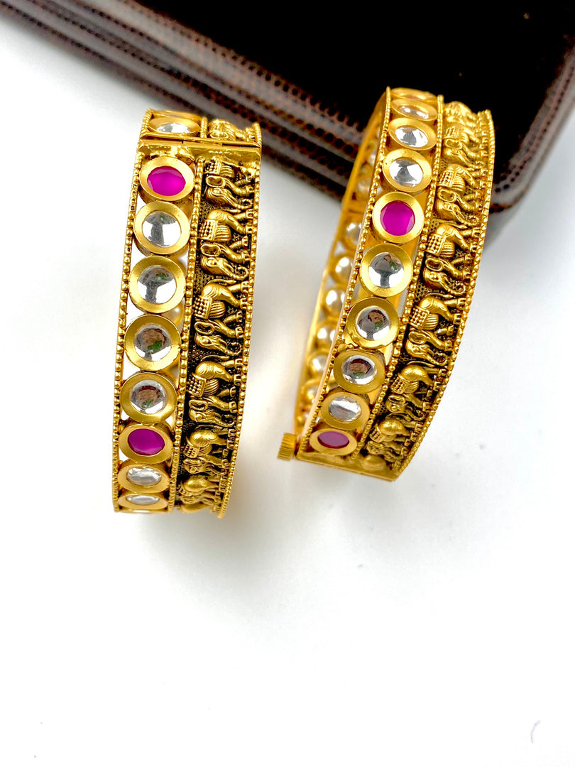 Royal White & Pink  Kundan Elephant Matte Gold Bangle Set Of Two