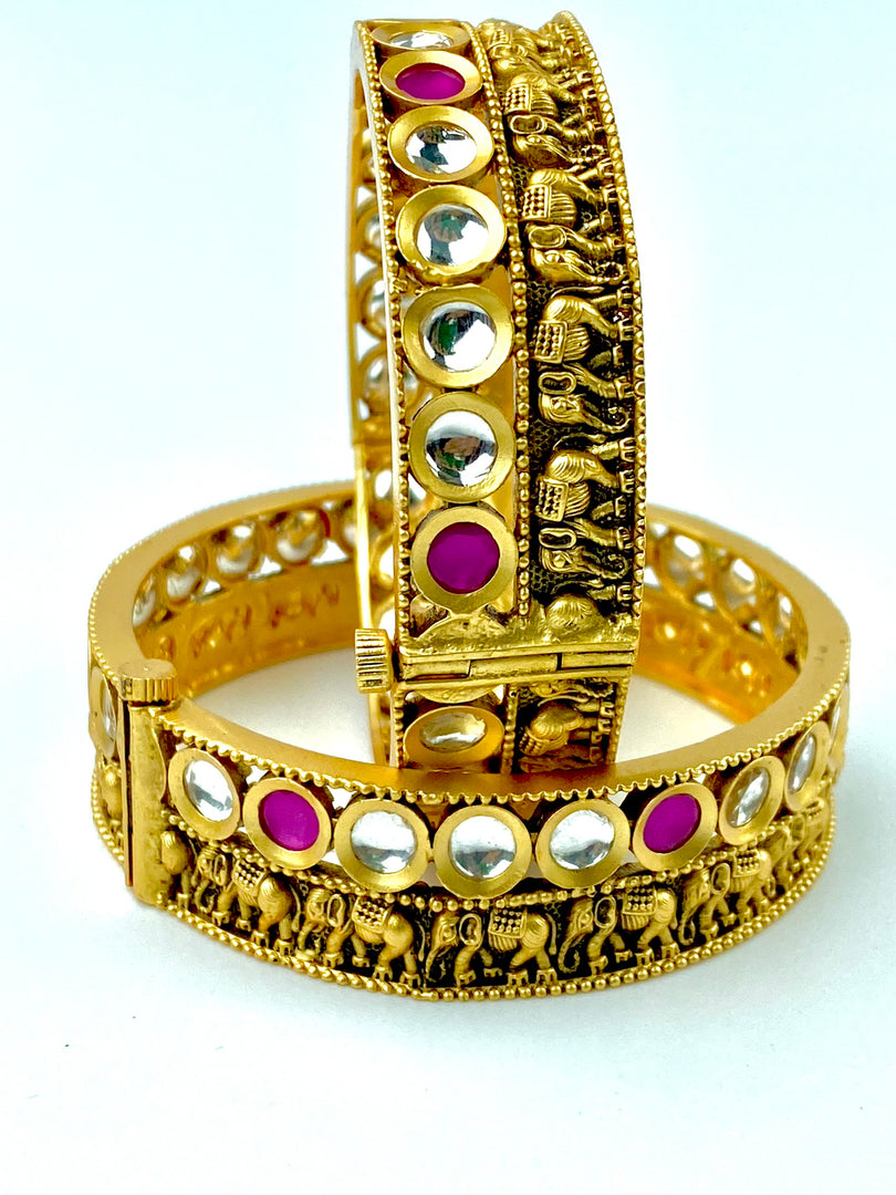 Royal White & Pink  Kundan Elephant Matte Gold Bangle Set Of Two