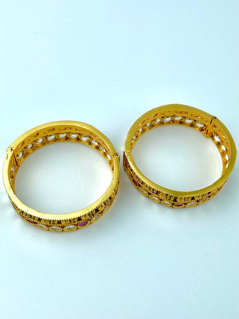 Royal White & Pink  Kundan Elephant Matte Gold Bangle Set Of Two