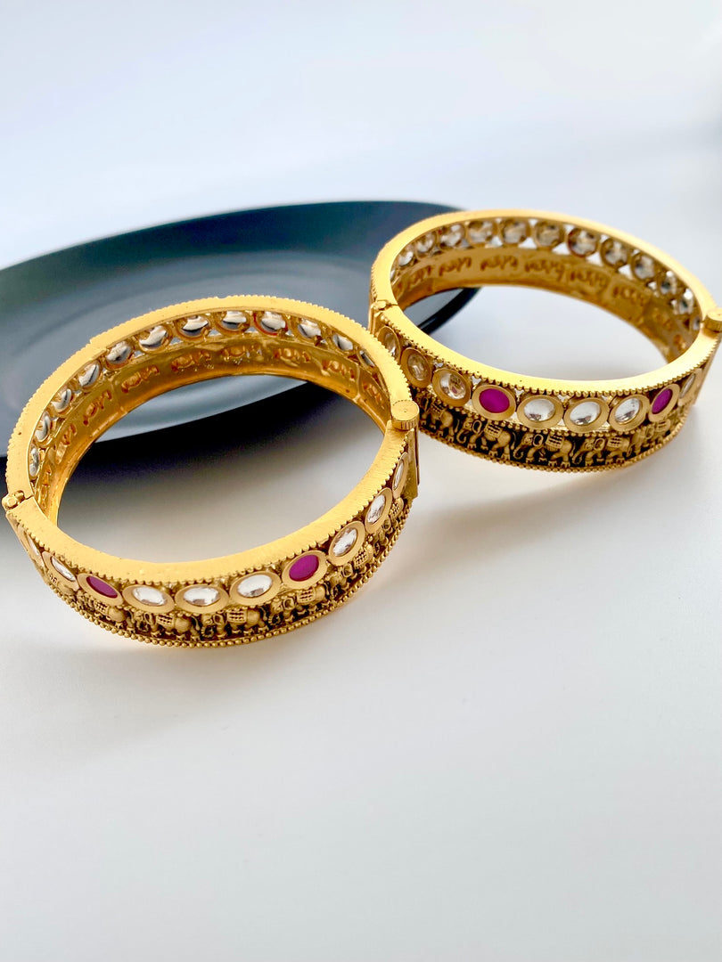 Royal White & Pink  Kundan Elephant Matte Gold Bangle Set Of Two