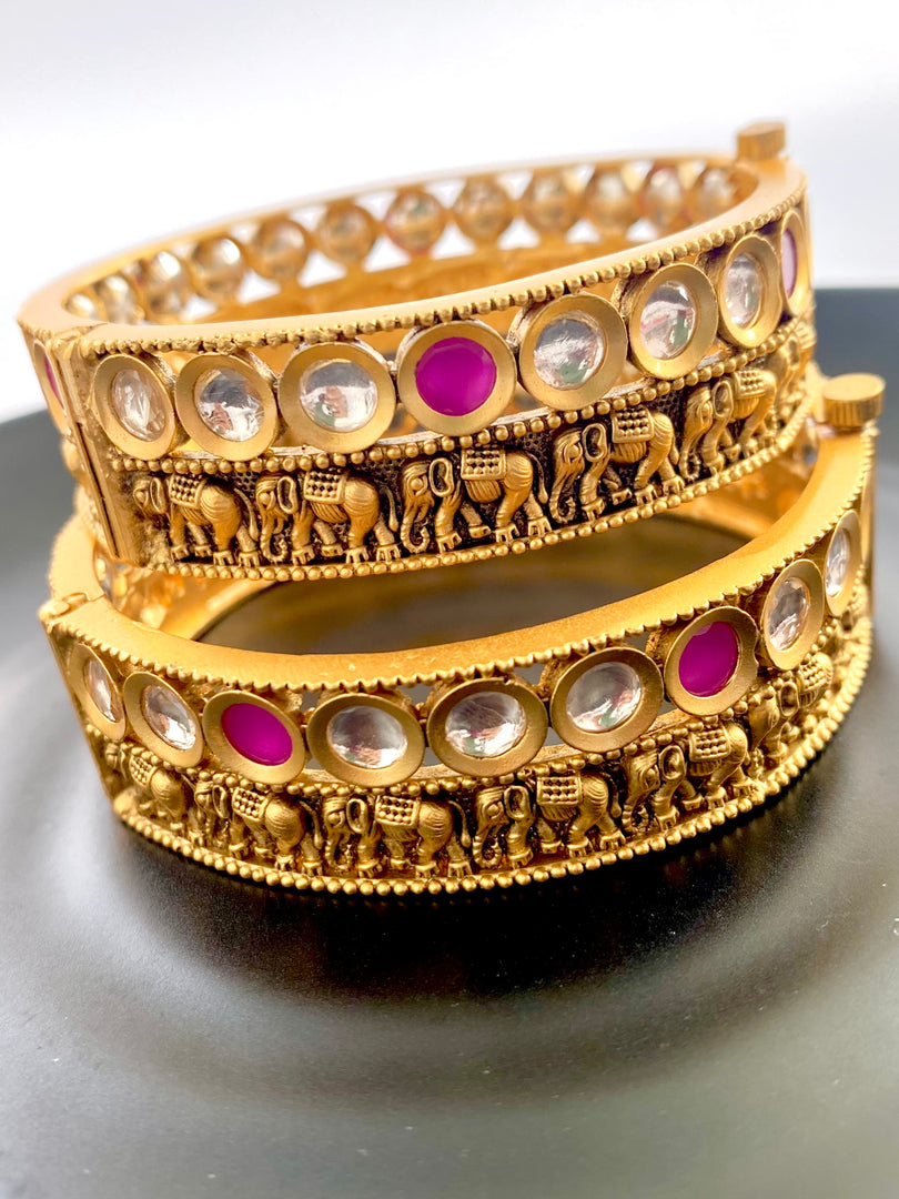 Royal White & Pink  Kundan Elephant Matte Gold Bangle Set Of Two