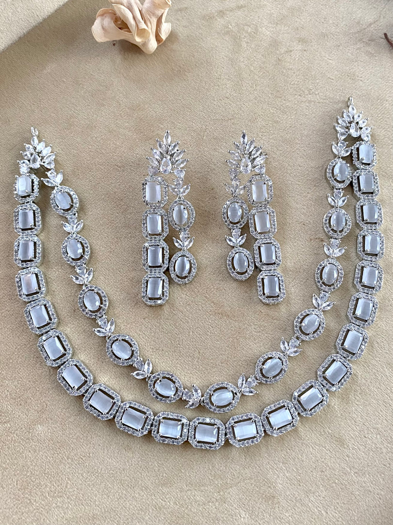 Studded Grey Sky Double Layered Diamond Necklace Set