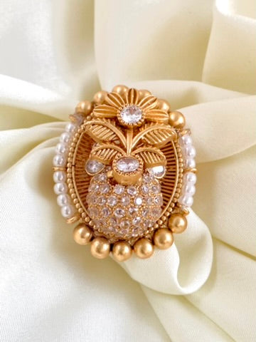 Diamond Flower Gold Pearl Cocktail Ring