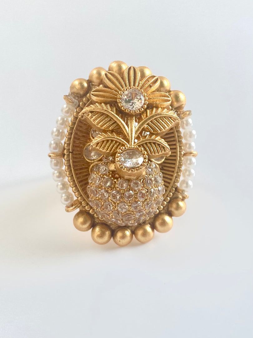 Diamond Flower Gold Pearl Cocktail Ring