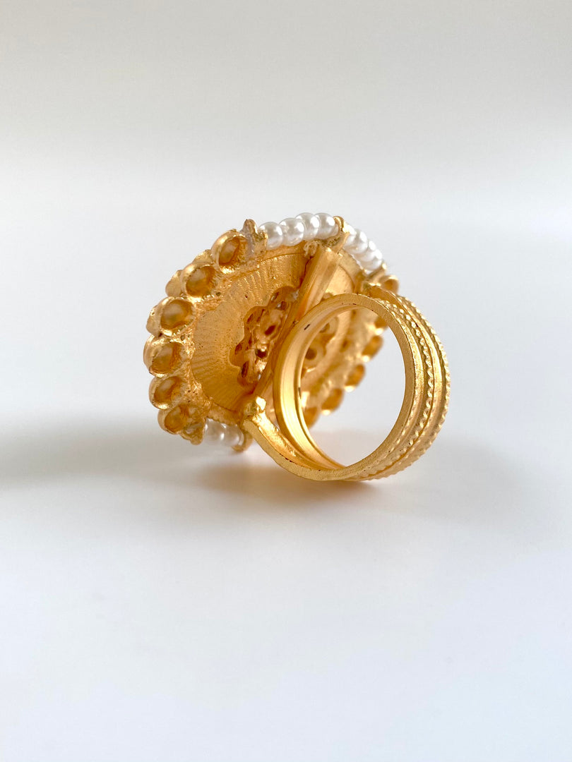 Diamond Flower Gold Pearl Cocktail Ring