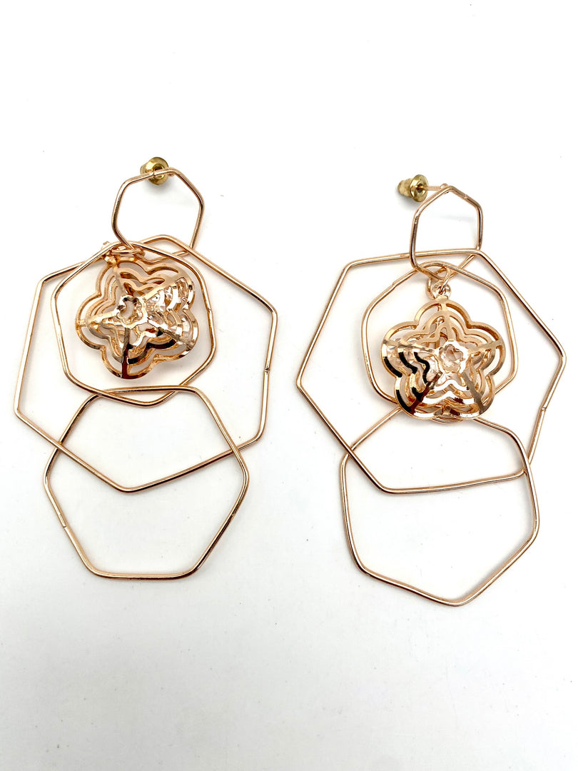 Flower In The Middle Hexagonal Golden Earrings