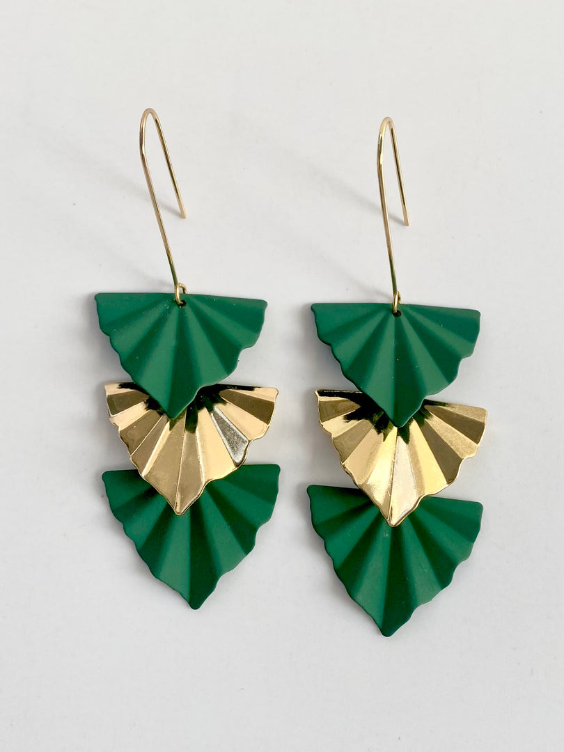 Golden And Green Leaf Long Earrings