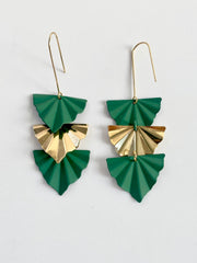 Golden And Green Leaf Long Earrings
