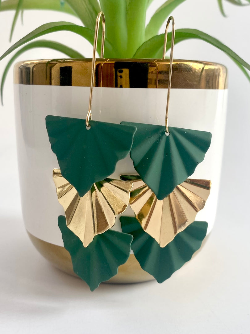 Golden And Green Leaf Long Earrings