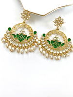 Load image into Gallery viewer, Green Moon Kundan &amp; Pearl Chandbalis Earrings

