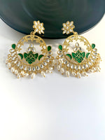 Load image into Gallery viewer, Green Moon Kundan &amp; Pearl Chandbalis Earrings
