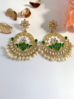Load image into Gallery viewer, Green Moon Kundan &amp; Pearl Chandbalis Earrings
