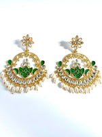 Load image into Gallery viewer, Green Moon Kundan &amp; Pearl Chandbalis Earrings
