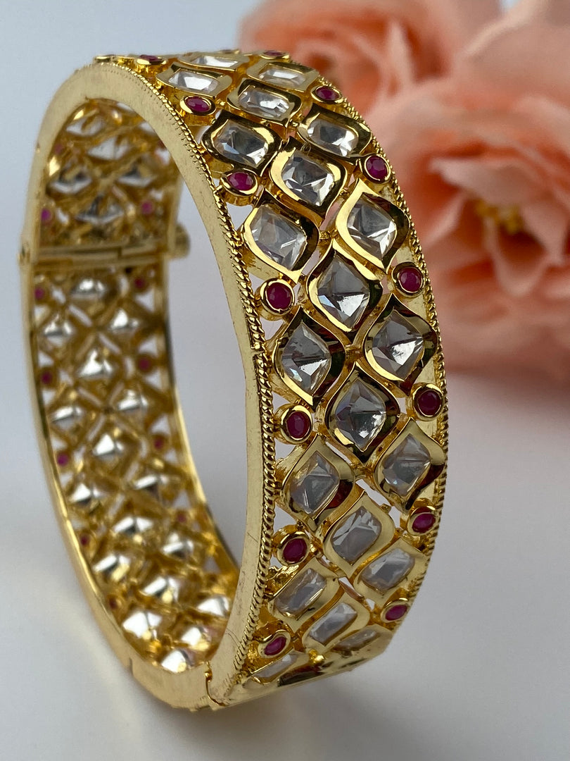 Maharani Full White & Pink Kundan Golden Bangle Set Of Two