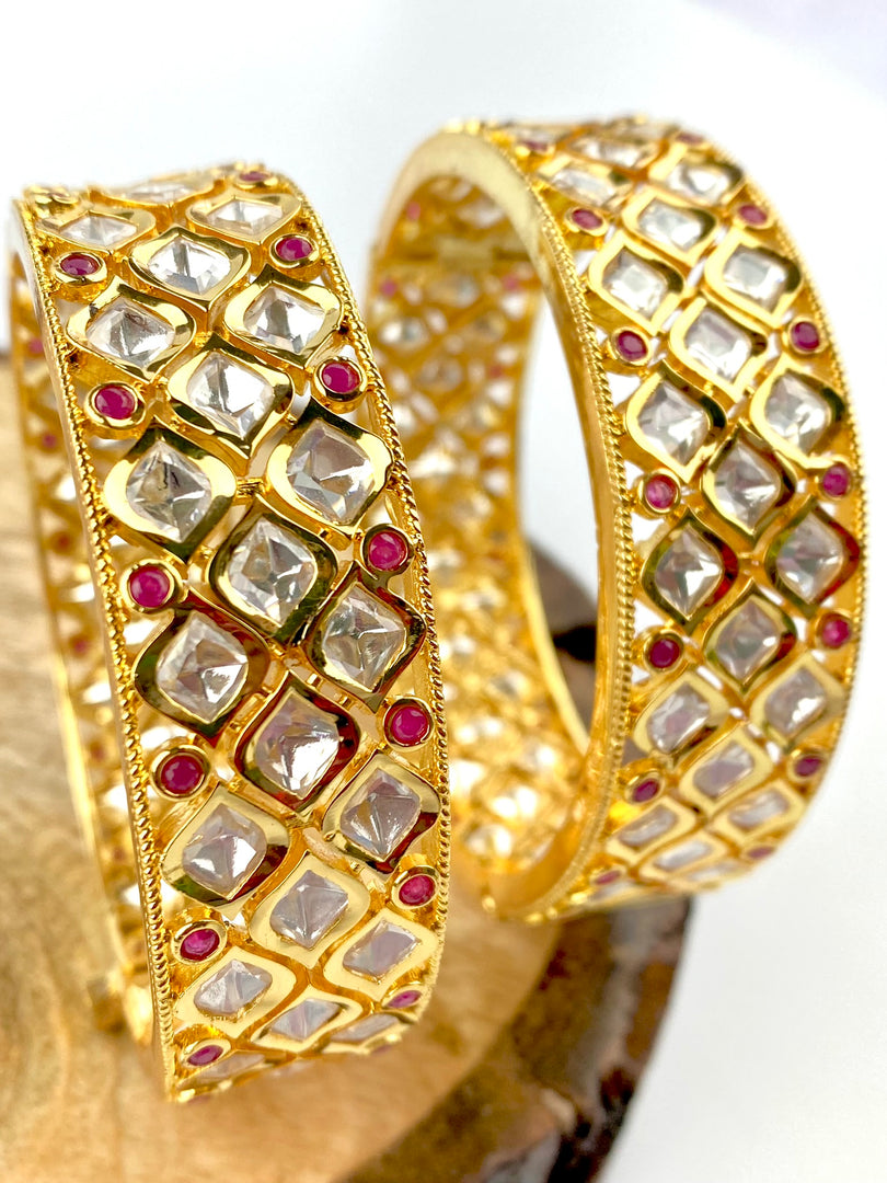 Maharani Full White & Pink Kundan Golden Bangle Set Of Two