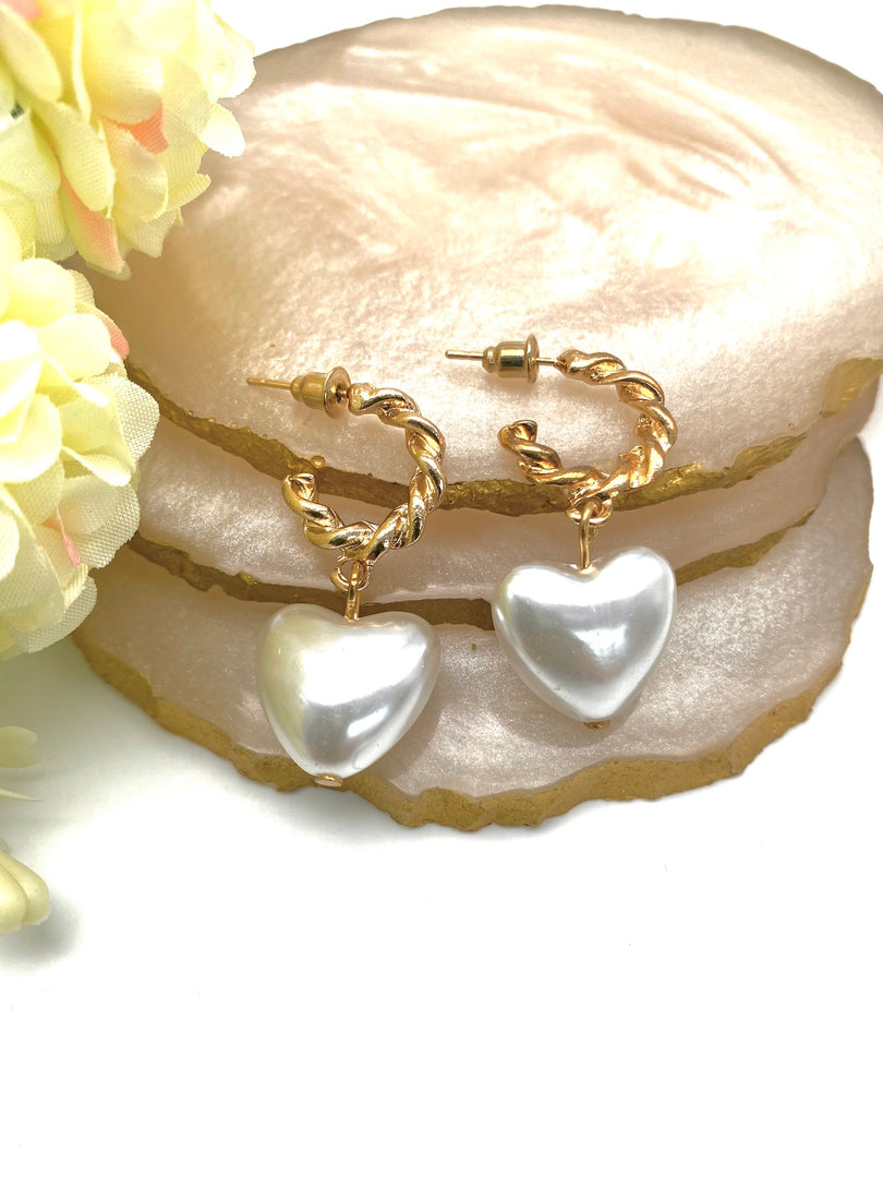 Pearl Heart Drop Golden Earrings