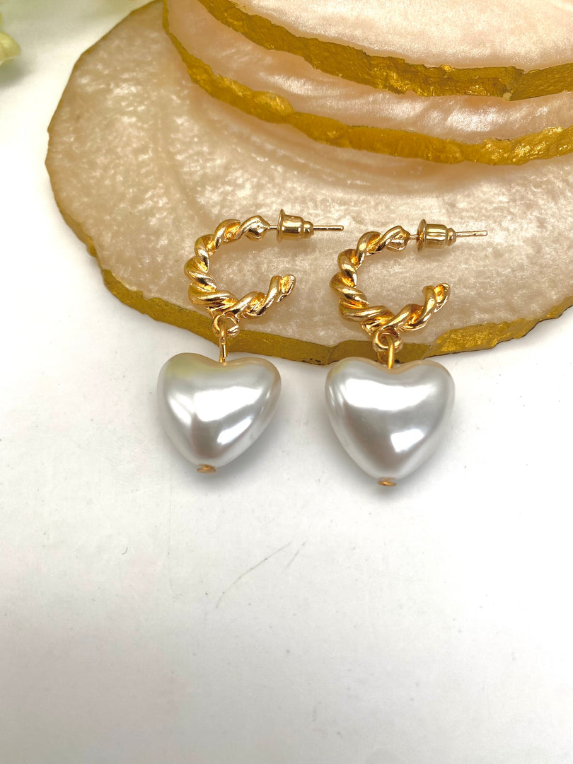 Pearl Heart Drop Golden Earrings