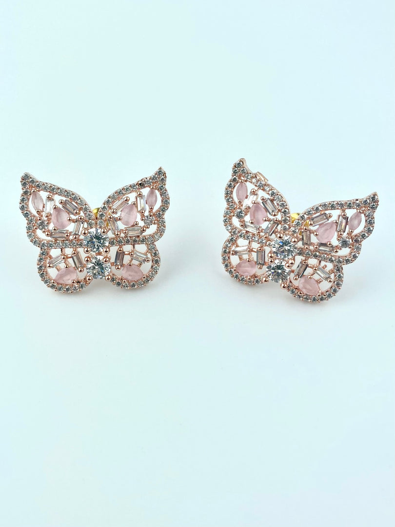 Rosy Pink White Diamond Butterfly Earrings